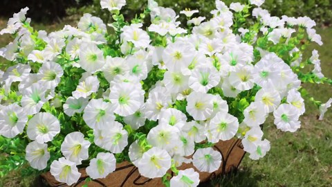 TETOU 12pcs Outdoor Artificial Fake Flowers,UV Resistant No Fade Morning Glory Flowers with Eucalyptus Realistic Faux Flowers for Indoor Planters Window Box Yard Garden Decoration(White)