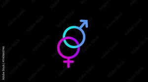 Male female intertwined gender symbols vibrant blue purple hues black background. unity equality, gender diversity, inclusivity, relationships. modern, progressive concepts of gender identity harmony Stock Video
