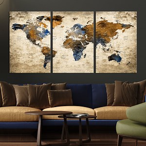 Vintage Style World Map Wall Art, Large Multi Panel World Map, Detailed Blue and Brown Framed Canvas, Ready to Hang, World Map Artwork - Etsy