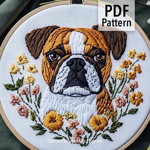 Bulldog Dog Hand Embroidery Pattern PDF, Puppy Embroidery Design With Flowers, DIY Hoop Art for Beginners, Instant Download - Etsy
