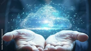 A person holds a glowing, digital cloud symbolizing cloud computing, surrounded by sparkling particles, representing data and technology.