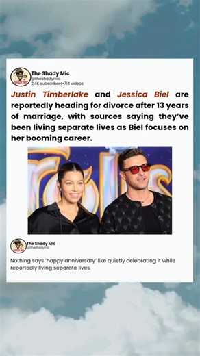 The Shady Mic on Instagram: "Justin Timberlake and Jessica Biel are reportedly heading for divorce after 13 years of marriage, with sources saying they’ve been living separate lives as Biel focuses on her booming career. #hollywood #celebrity #movies #justintimberlake #jessicabiel"