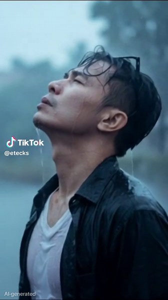 Edit photos without changing the original face, A man styled according to the characteristics in the attached photo, standing under heavy rain, drenched and expressive, wearing a black shirt under a white t-shirt, he looked up with his eyes closed, a cinematic and emotional expression and glasses tucked above his head. Raindrops appear to float in the air, dramatic lighting with a cool bluish tone, soft mist in the background, shallow depth of field, editorial style for fashion shoots, aesthetic