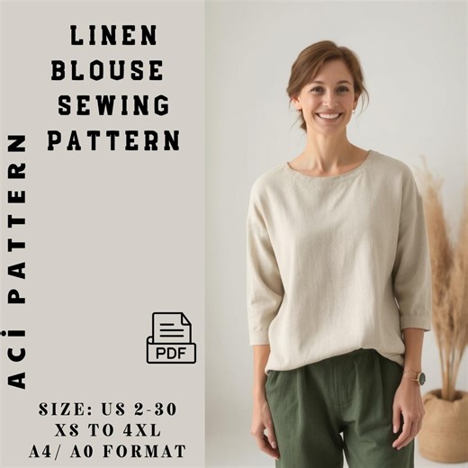 Linen Blouse Sewing Pattern, Summer Top Beginner Pattern, Women Tunic Pattern, Plus Size Relaxed Top Pattern PDF Size 2 -30 A4 A0 Format - Etsy Australia