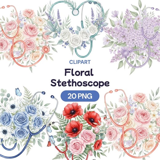 Floral Stethoscope Clipart, Watercolor Nurse PNG, Medical Symbol Flower, Doctor Gift, RN Art, Heart Stethoscope, Nursing Student - Etsy