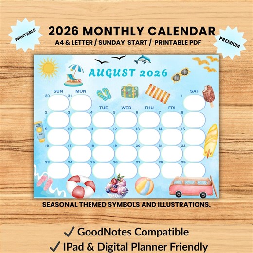 August 2026 Printable Calendar Horizontal Monthly Calendar August 2026 Planner Sunday Start US Letter Seasonal Calendar Instant Download PDF - Etsy Australia