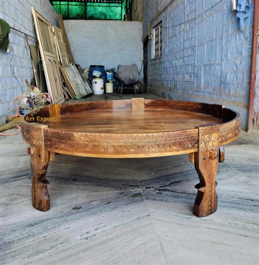 Handmade Carved Wood Coffee Table: Round Natural Chakki Table Christmas Gift - Etsy