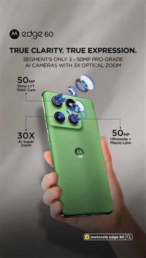 1.1M views · 2.7K reactions | True to your vibe. Powered by expression. From the ultra-clear 3 X 50MP Pro-Grade AI Cameras with 3X Optical Zoom to the immersive 1.5K pOLED curved display, and the intuitive Moto AI, the all-new #MotorolaEdge60 is built to express you, effortlessly. Experience The Edge of Expression Launching on the 10th of June on Flipkart, Motorola.in, and at leading retail stores. | Motorola | Facebook