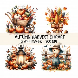 Watercolor Fall Clipart Bundle Autumn Harvest Clip Art Printable Pumpkin Harvest Graphics JPG Images Illustrations Junk Journal Sublimation - Etsy
