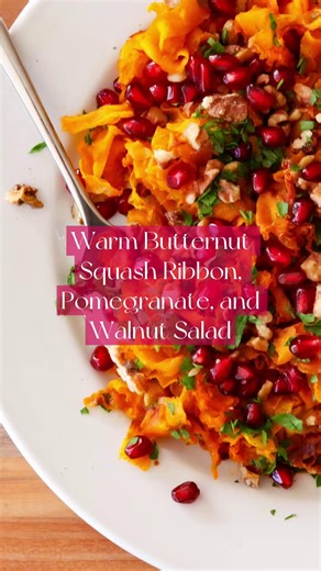This recipe takes classic roasted butternut squash and gives it a gorgeous twist. Instead of cubing, peel the squash into long, delicate ribbons. The thin layers roast quickly, turning tender with crisp, caramelized edges, while a mix of warm spices and a drizzle of pomegranate molasses is the perfect combination of sweet and savory. A sprinkle of fresh pomegranate seeds and toasted walnuts adds crunch, sweetness, and a pop of color. Enjoy it as an elegant side dish, or a simple vegetarian meal