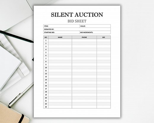 Editable Silent Auction Template Silent Auction Bid Sheet Silent Auction Sign up Sheet Fundraiser Sheet Printable PDF Word - Etsy