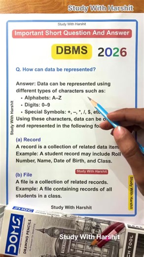 Study With Harshit on Instagram: "How Can Data Be Represented? 📊 | DBMS Important Short Question & Answer | 2026 | Study With Harshit Welcome to Study With Harshit 👋 Is video mein hum DBMS (Database Management System) ka important short question explain kar rahe hain: 👉 How can data be represented? Ye question exams mein 1–3 marks, MCQs, aur short answer ke form mein frequently poocha jata hai, especially 2026 exams ke liye. 🎓 Course Details Subject: DBMS Question Type: Important Short Quest
