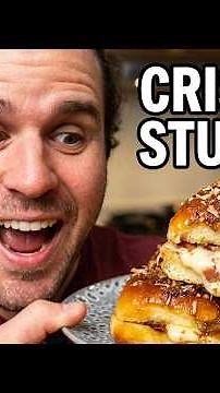 Bacon stuffed King Hawaiian roll French toast that's crispy on the outside