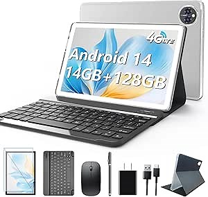 Android 14 Tablet 10 Inch, 4G Cellular Tablets, Octa-Core, 128GB Storage + 14(8+6)GB RAM/ 1TB Expandable, 5G WiFi, 8000mAh Battery, Bluetooth 5.0, 13MP+8MP Camera, Tableta with Keyboard/Case, Silver
