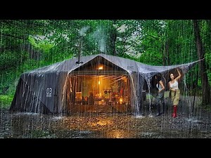 ☔Two gorgeous girls Extreme heavy rain camping in ahuge two-room air tent