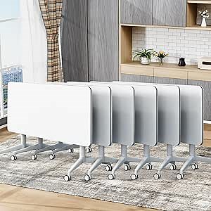 Folding Conference Table,Conference Table with Wheels,Business Conference Room Table 4 Sizes Modern White,Meeting Room Classroom Office Meeting Table (6PCS, 61in)
