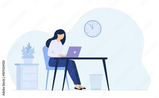 4K animation of a young woman working on a laptop at a modern office desk.