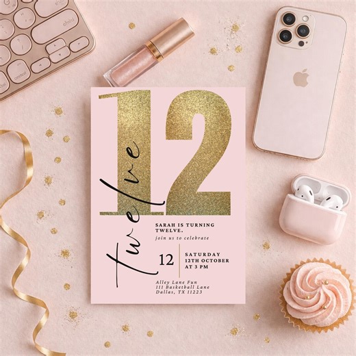 12th Birthday Invitation | Twelfth Girl Birthday | Pink and Gold Party, Editable Canva Template | Digital Invite | 5x7 | Print Text Email - Etsy