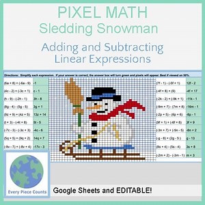 Pixel Art Math - Sledding Snowman - Adding and Subtracting Linear Expressions