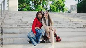 Two beautiful girls are sitting on the steps in the park. Portrait of young beautiful women. Stock Video