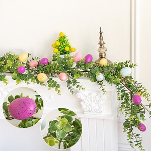 JLFNYA Easter Garland，Easter Garland for Mantel, 66.9" Rattan Eggs & Greenery, Table Runner, Farmhouse Easter Decor, Spring Party