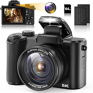 5K Digital Camera for Photography and Video Autofocus 5X Optical Zoom 64MP Vlogging Camera for YouTube 6-Axis Stabilization Compact Travel Dual Cameras with 64G SD Card for Beginners(Black)