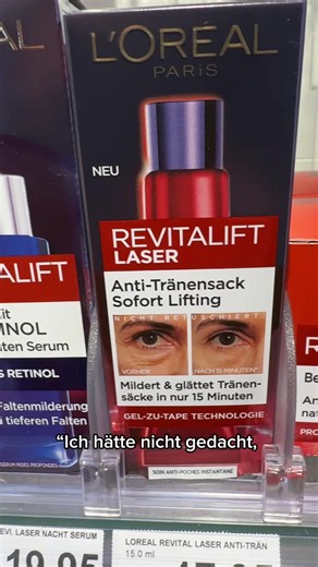 Sofort sichtbar glattere Augenpartie ✨ Der neue Revitalift Laser Anti-Tränensack-Effekt von L’Oréal Paris wirkt in nur 15 Minuten! 🧴 Anwendung \t1.\tReinige dein Gesicht gründlich. \t2.\tTrage eine kleine Menge des Produkts unter den Augen auf. \t3.\tSanft einklopfen – nicht reiben. \t4.\t15 Minuten einwirken lassen. \t5.\tErgebnis genießen: sichtbar glattere Haut ✨ 💡 Tipp: Während der Einwirkzeit möglichst wenig Mimik – für den besten Lifting-Effekt! #skincare #augenpflege #beautytok #lorealp