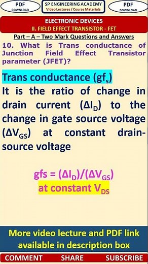 10 FET Semiconductor Physics - Junction Field Effect Transistor parameters - JFET Trans conductance