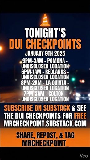 DUI Checkpoints Friday January 9th 2025