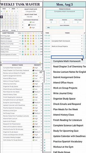 ✅📝 Weekly Task Master, Google Sheets Template #digitalplanners #googlesheets #weeklytaskmaster