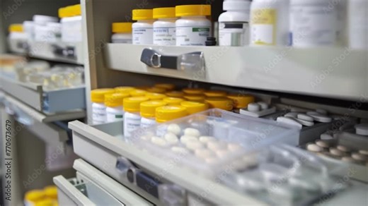 A locked medication storage cabinet with clear labels and expiration dates on each drawer indicating strict compliance with medication storage protocols to prevent errors