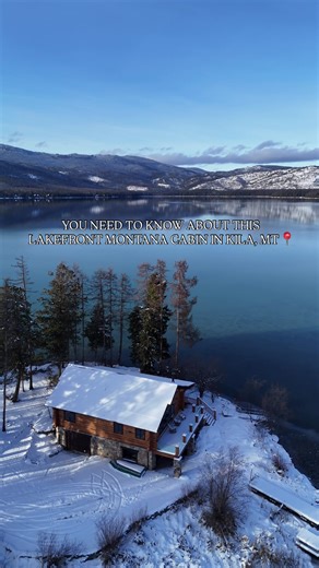 The Boat Motel on Ashley Lake 😍 The main floor has a cozy living room/dining room with open concept to the kitchen, beautiful antique appliances, and wood burning fireplace. There are double queen beds with detached bath and a master bedroom with attached bath upstairs. Downstairs is a bunk room sleeping 6 and a very large locker room style bathroom with walk in showers. Comment or DM “BOAT MOTEL” for info/booking link 🛶 #lakefront #cabin #kalispellmontanahiddengems