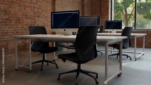 Modern open plan office interior with i Mac computers on white desks exposed brick walls and large windows overlooking green trees creating a productive and contemporary workspace environment