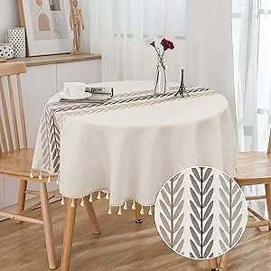 Linen Round Tablecloth, Embroidery Patchwork Stripes Table Cloth, Tassel Cotton Stain Resistant Tablecloth for Kitchen Dinning Tabletop Decoration, 60 Inch, Coffee Wheat, 2-4 Seats
