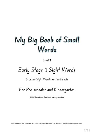 NSW Foundation Font 3 Letter Word Worksheets 24mm Dotted Thirds PDF - Etsy