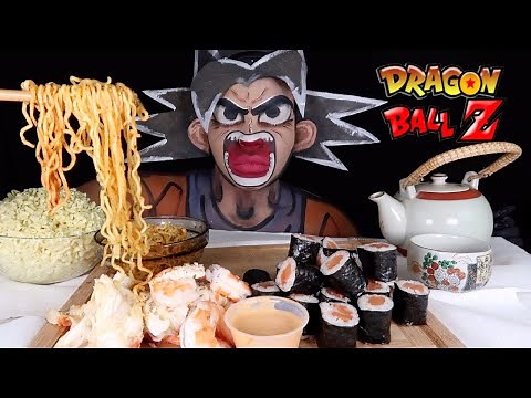 GOKU ENJOYS DESHELLED SEAFOOD BOIL, SPICY TUNA ROLL AND NOODLE MUKBANG!!! ASMR!!