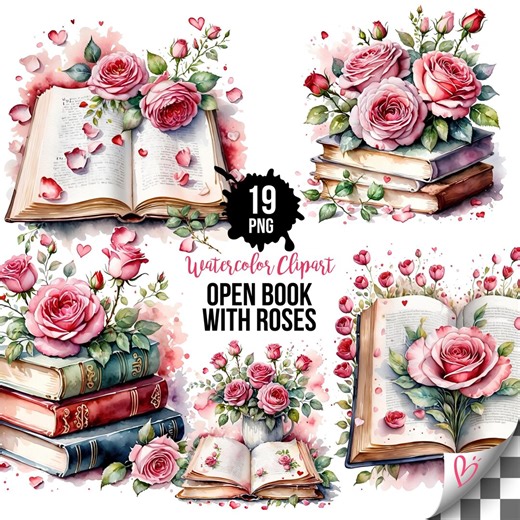 Vintage Books Clipart PNG Bundle, Antique Book With Roses, Open Book and Book Stack, Watercolor Floral Printable PNG, Commercial Use, 19 PNG - Etsy