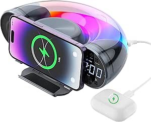 HAMOPY Digital Alarm Clock FM Radio Bluetooth Speaker - 10W Fast Wireless Charger Station & USB Port & TF Card Slot - Soothing White Noise, Volume Control, Ambient Light Full Brightness Dimmer