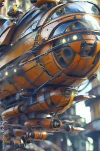 Close up of a 3D futuristic flying machine in a bright steampunk style set in a random setting