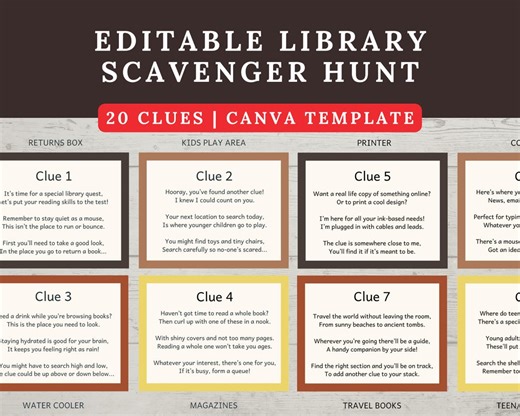 Library Scavenger Hunt Clues for Kids: Editable Canva Template & Printable PDF - Etsy
