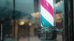 Close-up asia barber shop open neon light symbol logo blue and red lamp design at night. SME store covid crisis impact empty no people at workplace. Hairstyle school sign for job career skill.