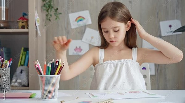 Young girl concentrating on drawing at the desk at home or school class room