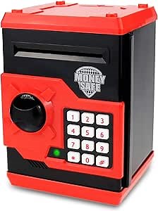 Kids Electronic Piggy Bank Safe Mini ATM Toy for 3-14 Year Old Boys and Girls (Black Red)