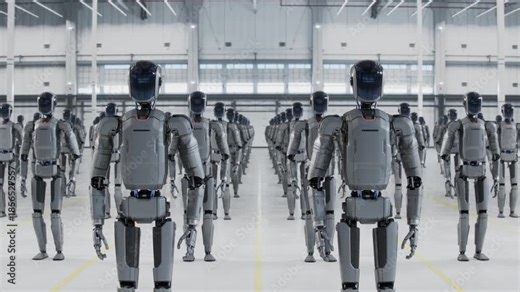 3D Animation: Moving Between Rows of Autonomous AI-Powered Humanoid Robots. A Batch of General Purpose Industrial Robots Standing in a Hangar in Storage. AI-Driven Industrial Automation Concept.