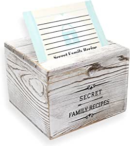 Rustic Wood Recipe Box with Recipe Cards and Dividers – Handcrafted Wooden Recipe Box Includes The Words “Secret Family Recipes” Printed On The Front Of Box
