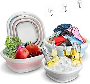 3P Collapsible Wash Basin Includes 3 Hooks, Portable Camping Sink, Space Saving Outdoor Multipurpose Collapsible Dish Tub, Kitchen Storage Tray for Camping, Vegetable Washing