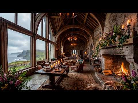 Cozy Irish Castle Fireplace ☘️ Celtic Music, Ocean Waves & Relaxing Ambience LIVE