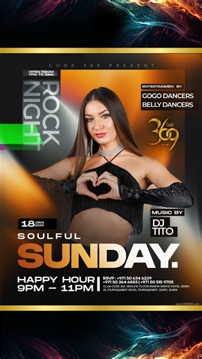 Code369 Club on Instagram: "🎆✨Soulful Sunday @ Code 369 — Where the Weekend Ends in Style✨🎆 🍷🔥Turn your Sunday night into a smooth, high-energy escape at Code 369 with soulful vibes, glamorous entertainment, and nonstop nightlife energy🔥🍷 🎧 DJ TITO spinning club anthems and feel-good beats all night 💃 GoGo Dancers & Belly Dancers delivering stunning live performances 🍹 Happy Hour from 9 PM to 11 PM with irresistible drink offers 🕖 Open from 7 PM till 3 AM for a full night of music and 