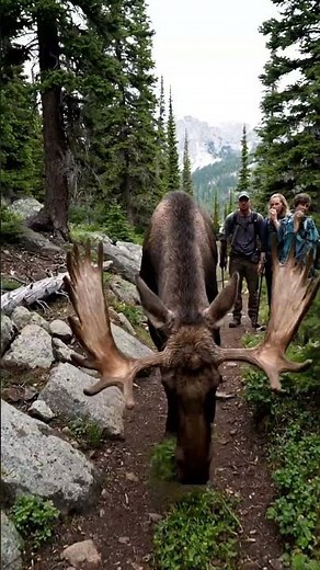 Giant Moose Turns Mountain Trail Into His Personal Highway