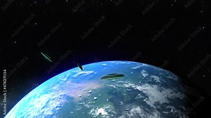 Dramatic and cinematic 3D CGI render of three alien flying saucers in formation, banking as they fly swiftly into Earth orbit and approach Earth's atmosphere